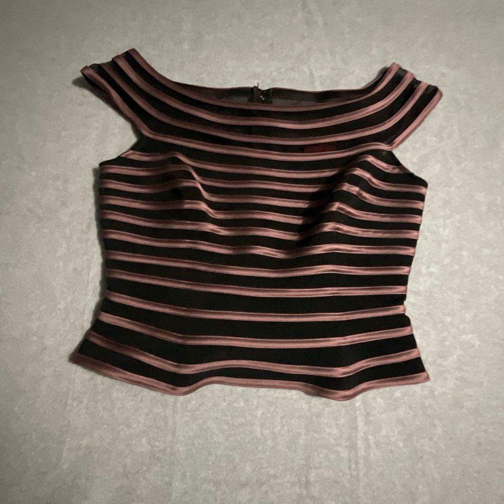 JS Collections Off-The-Shoulder Striped Top Sz10-Black & Mauve Satin Designer